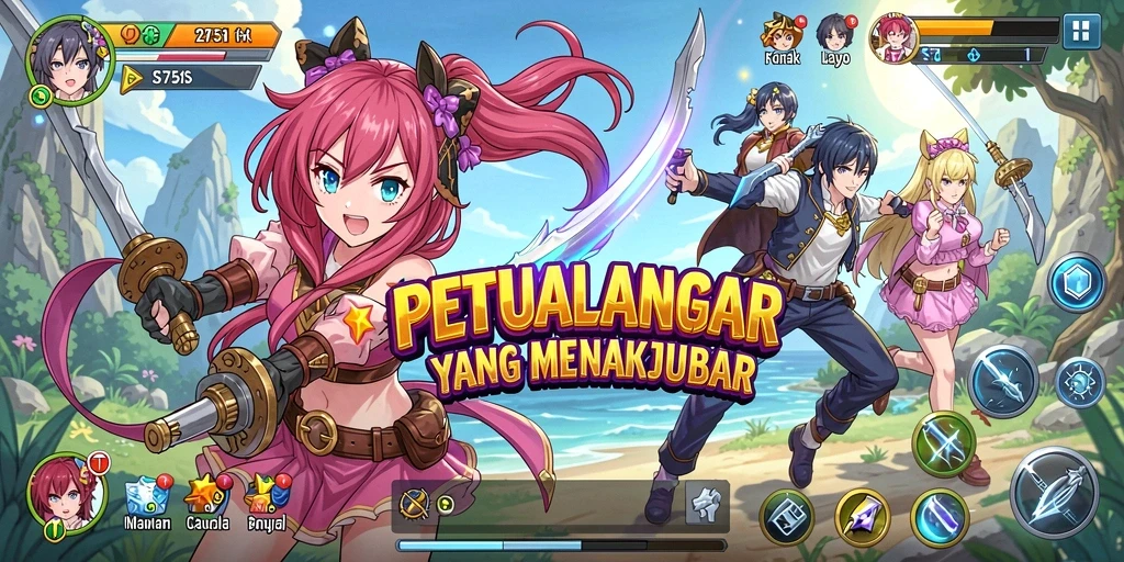 Tangkapan layar utama dari gameplay 2757 yang menampilkan karakter anime.