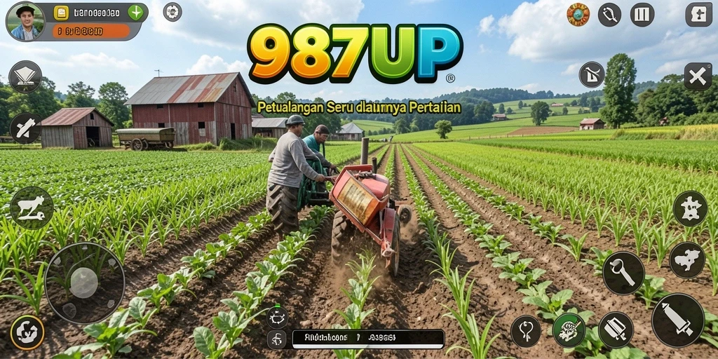 Gameplay seru 987UP yang menampilkan kebun yang subur dan hewan ternak.