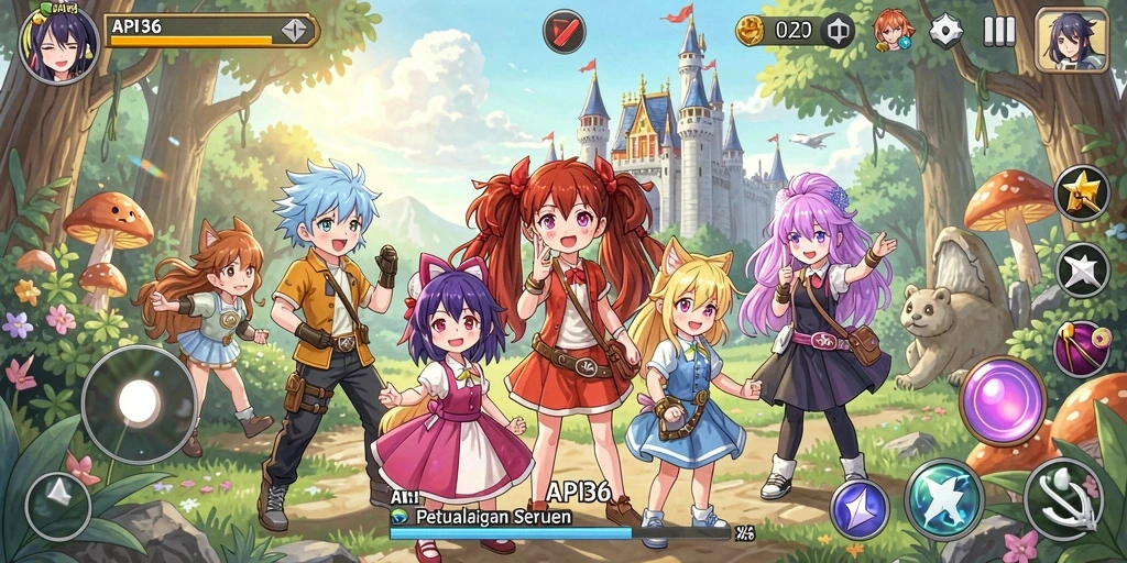 Screenshot menunjukkan karakter anime dalam aksi seru di API36.