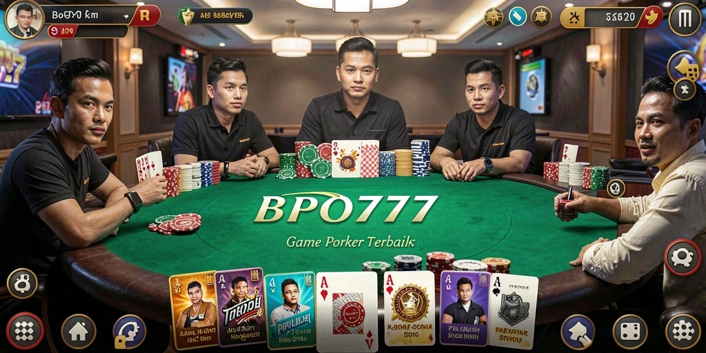 Tampilan utama BPO777 menampilkan gameplay poker seru dengan pemain dari seluruh dunia.