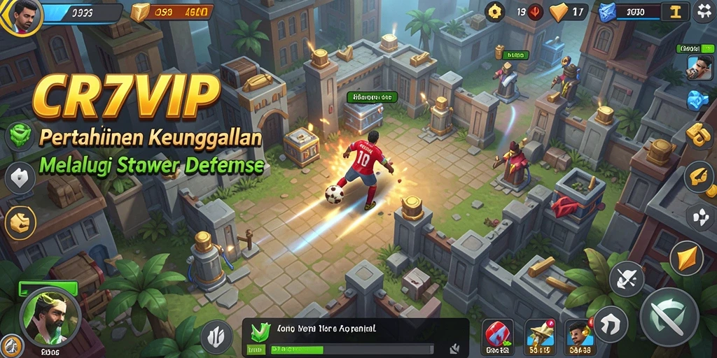 Screenshot gameplay CR7VIP menunjukkan menara melawan gelombang musuh yang menguji strategi pemain.