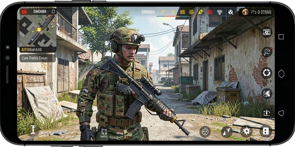 Screenshot menampilkan aksi intens dari gameplay FPS DMD686.