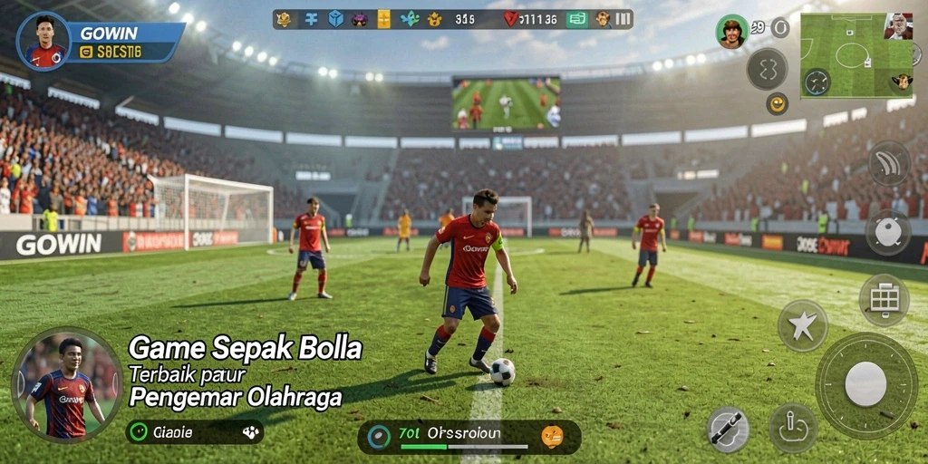 Screenshot gameplay GOWIN menunjukkan aksi seru di lapangan sepak bola.