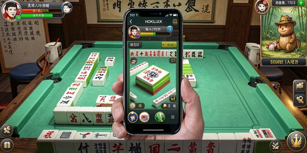 Tampilan gameplay menantang di HOKILUCK dengan ubin Mahjong yang berwarna-warni.