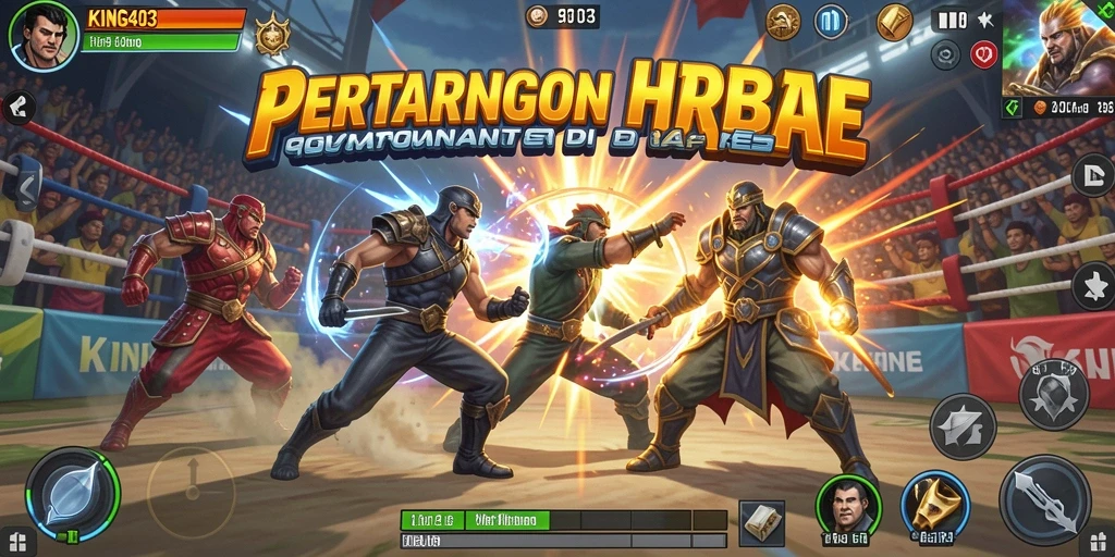 Screenshot KING403 menampilkan pertarungan epik antar karakter dalam arena.