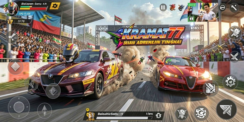 Screenshot gameplay KRAMAT77 dengan lintasan balap yang mendebarkan.