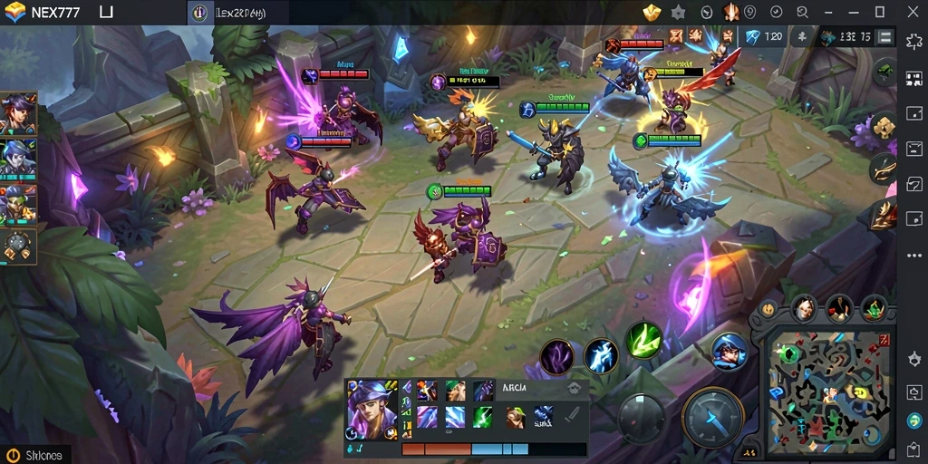 Tangkapan layar NEX777 menampilkan aksi seru di arena pertarungan MOBA.