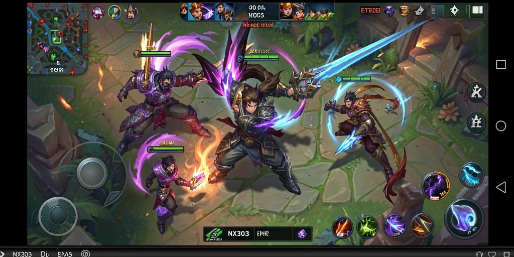 Tampilan gameplay seru dalam pertandingan MOBA NX303.