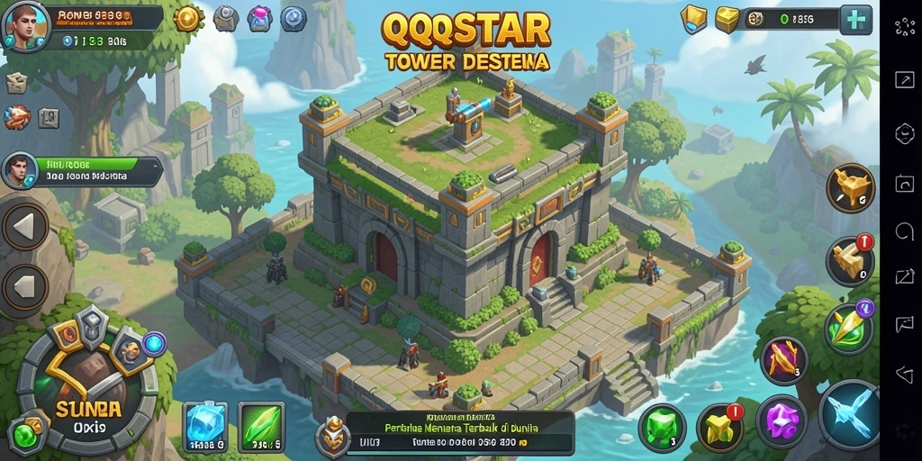 Tampilan gameplay QQSTAR dengan menara dan musuh yang berwarna-warni.