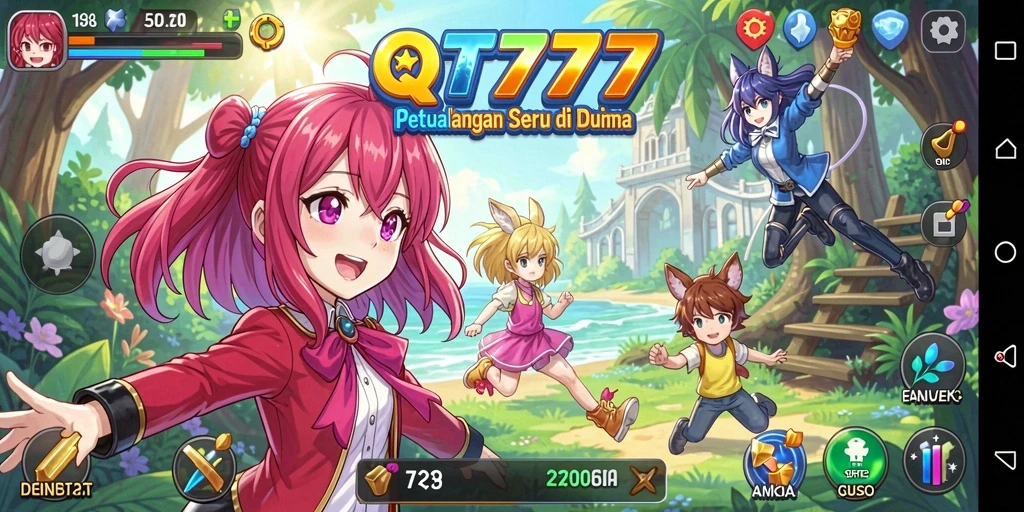 Screen utama QT777 menunjukkan pertarungan karakter anime yang seru.