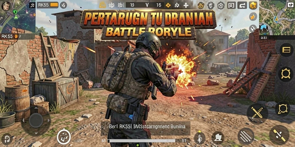 Tampilan gameplay seru di RK55 dengan aksi pertempuran yang intens.