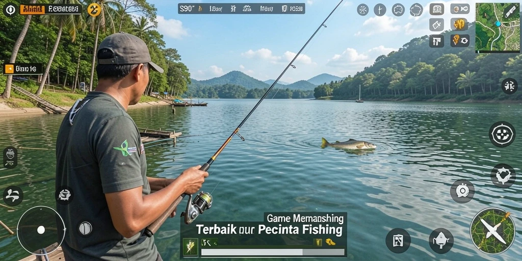 Screenshot gameplay S80 menampilkan aksi memancing yang mendebarkan.