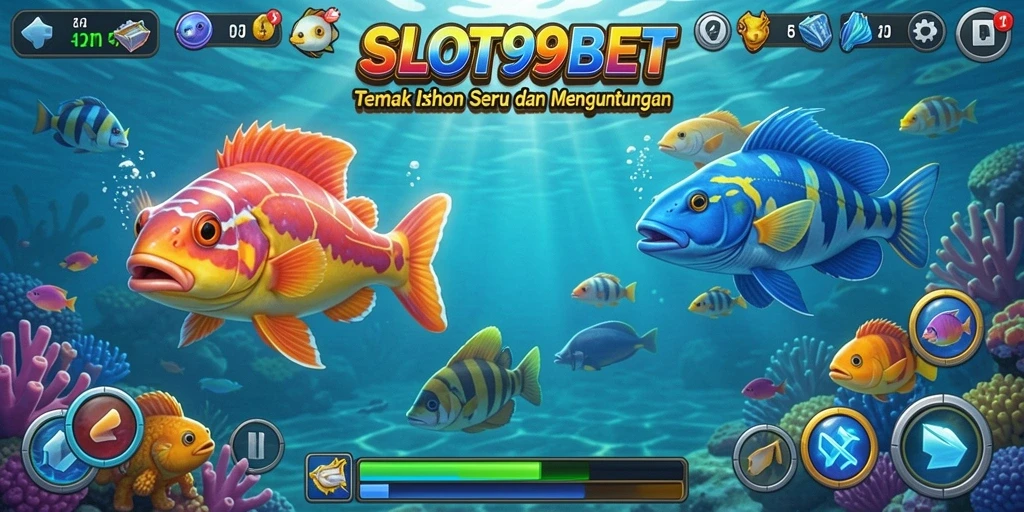 Screenshot gameplay SLOT99BET menampilkan aksi menembak ikan yang seru.