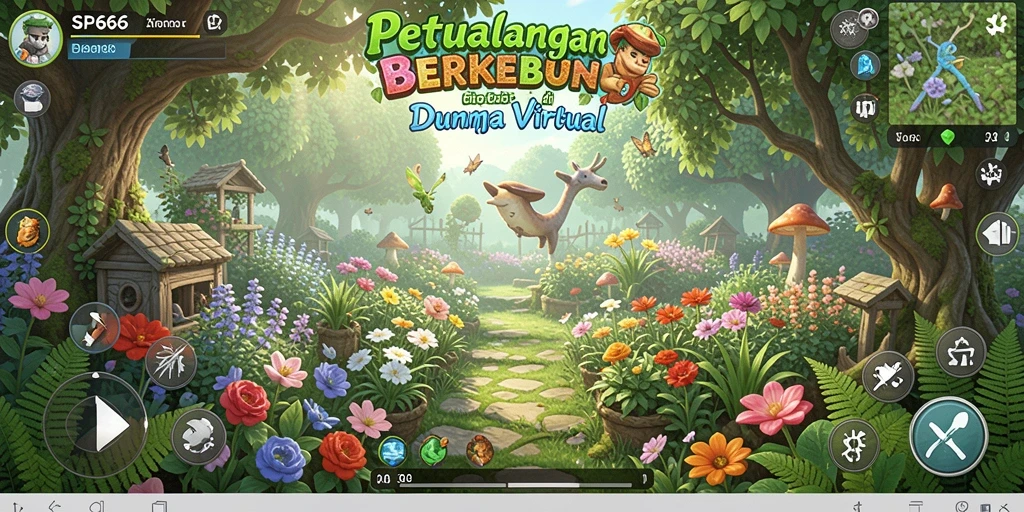 Screenshot SP666 menampilkan kebun yang subur dengan berbagai tanaman dan alat pertanian.